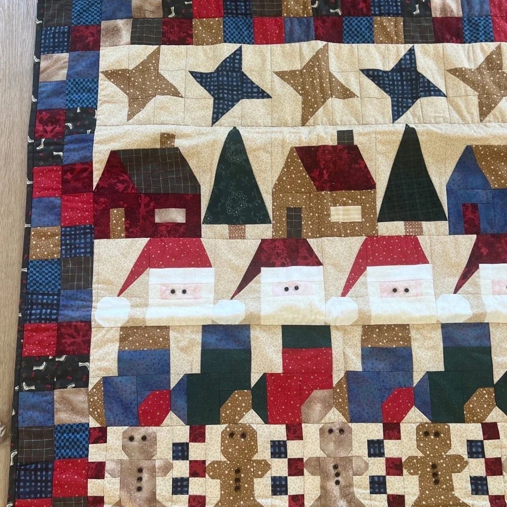 Handmade Christmas Patchwork Quilt Santa Gingerbread Wall Hanging Primitive
